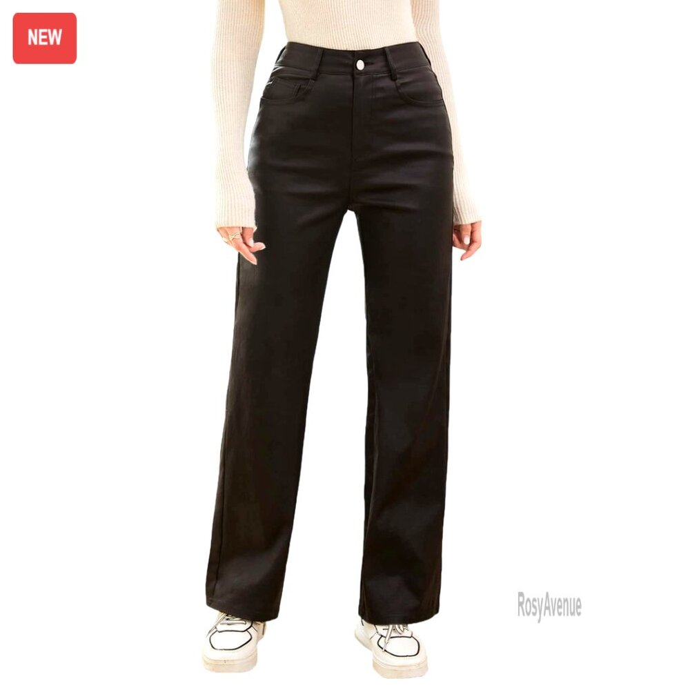 High Waist Straight Leg Jeans With Pockets Leather Look Stretch Fabric